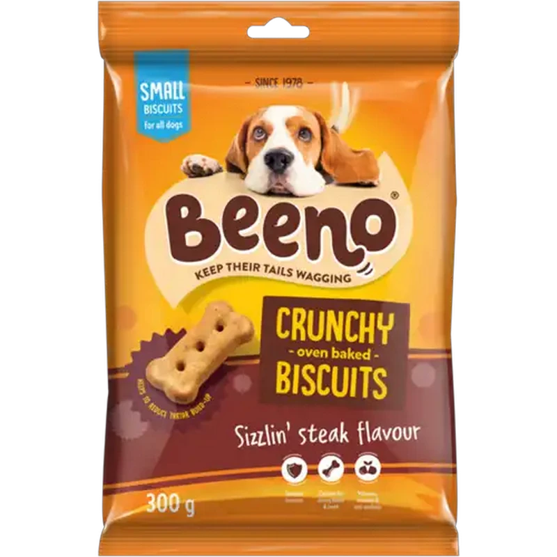 BEENO Sizzlin' Steak Flavour Crunchy Oven Baked Dog Biscuits 300g