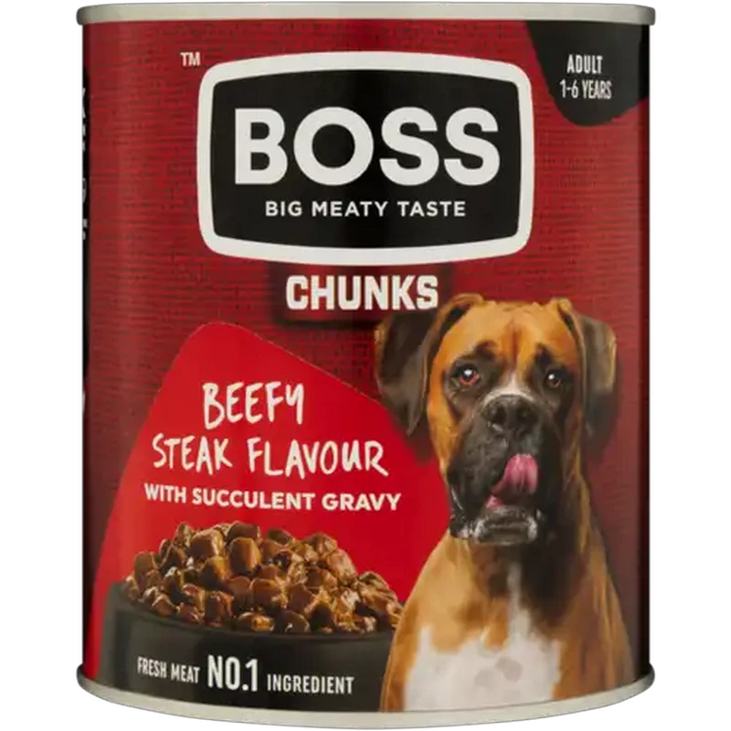 Boss Beefy Steak Flavour All Adult Wet Dog Food Chunks with Succulent Gravy 775g