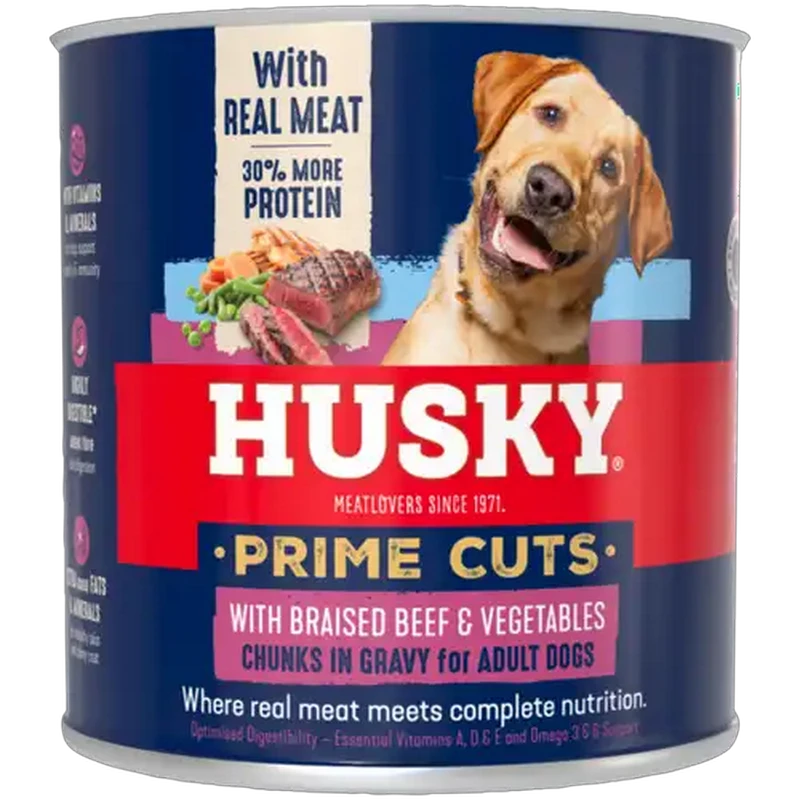 Husky Prime Cuts Braised Beef & Vegetables Adult Wet Dog Food Chunks in Gravy 775g