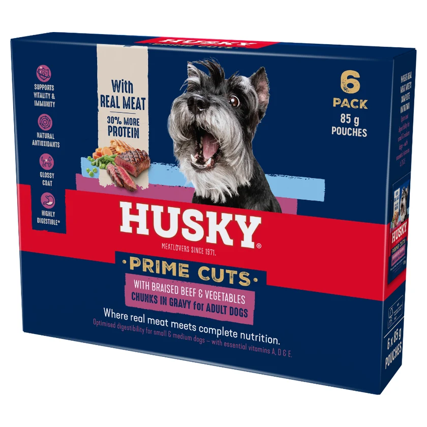 Husky Prime Cuts Braised Beef & Vegetables Small - Medium Adult Wet Dog Food Chunks in Gravy 6 x 85g