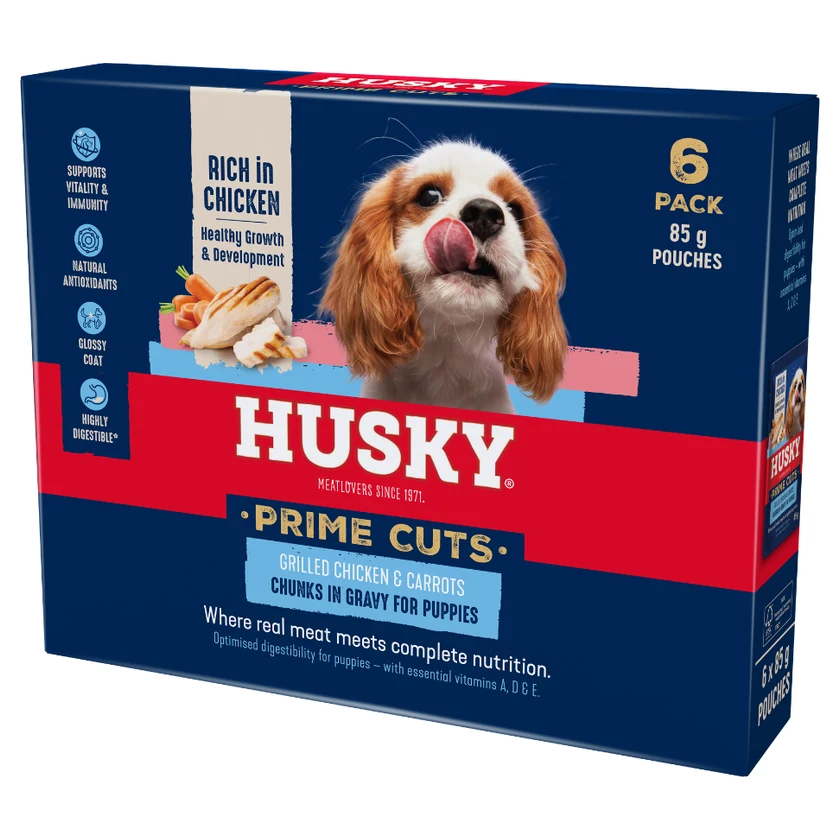 Husky Prime Cuts Grilled Chicken & Carrots Puppy Wet Dog Food Chunks in Gravy 6 x 85g