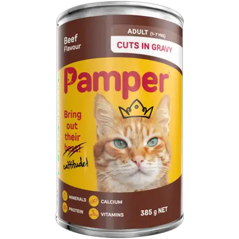 Pamper Beef Flavoured Cuts In Gravy Cat Food Can 385g