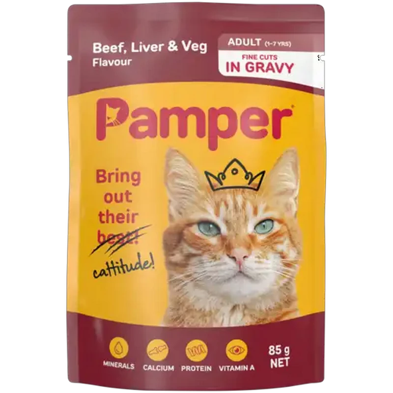Pamper Beef, Liver & Veg Flavour Adult Cat Food Fine Cuts in Gravy 85g