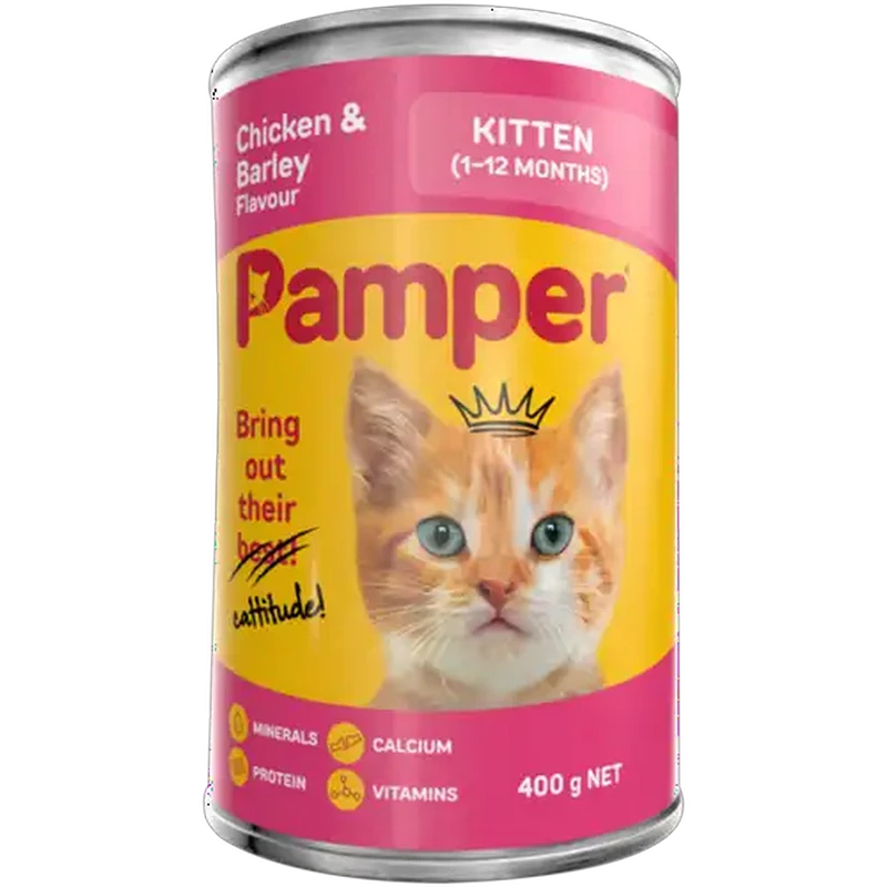 Pamper Chicken & Barley Flavoured Kitten Cat Food Can 400g