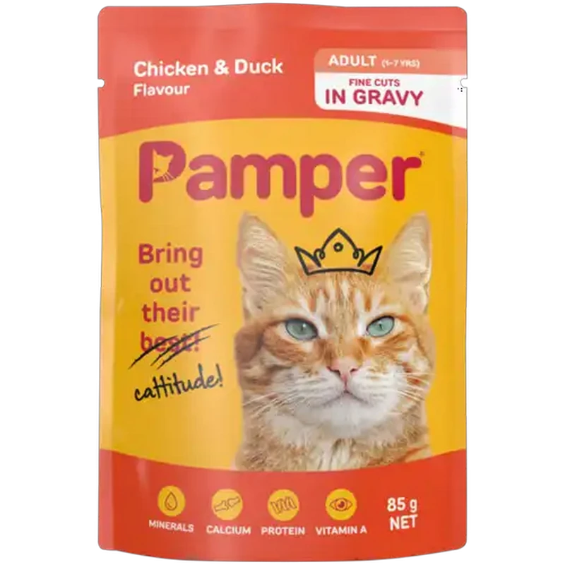 Pamper Chicken & Duck Flavoured Adult Cat Food In Gravy Pouch 85g