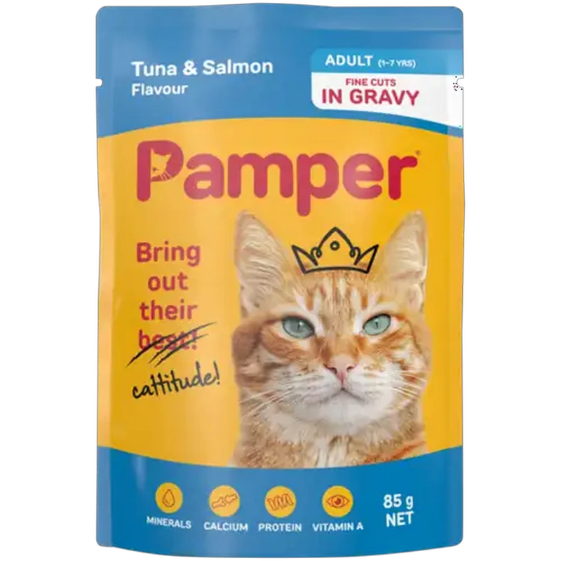 Pamper Tuna & Salmon Flavoured Adult Cat Food In Gravy Pouch 85g