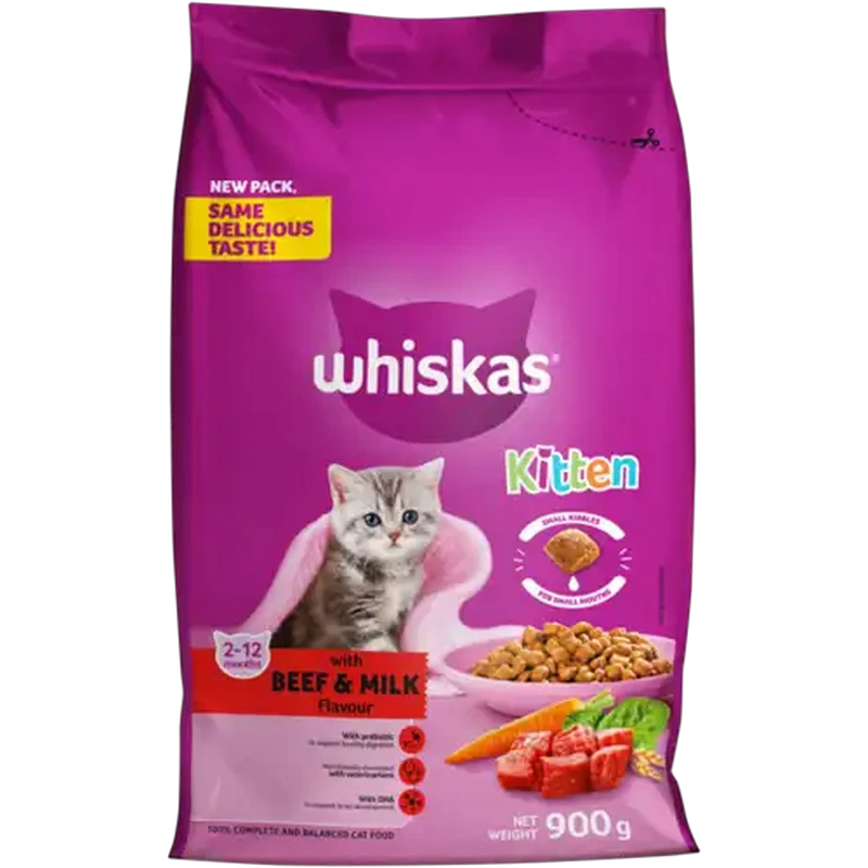 Whiskas Beef & Milk Flavoured Kitten Dry Cat Food 900g