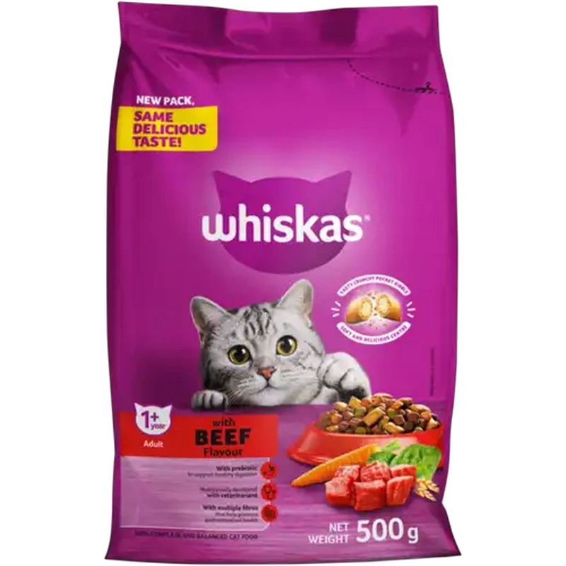 Whiskas Beef Flavour Adult Dry Cat Food 500g