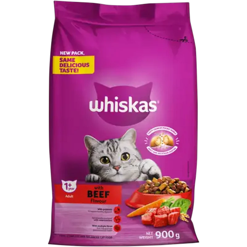 Whiskas Beef Flavoured Adult Dry Cat Food 900g